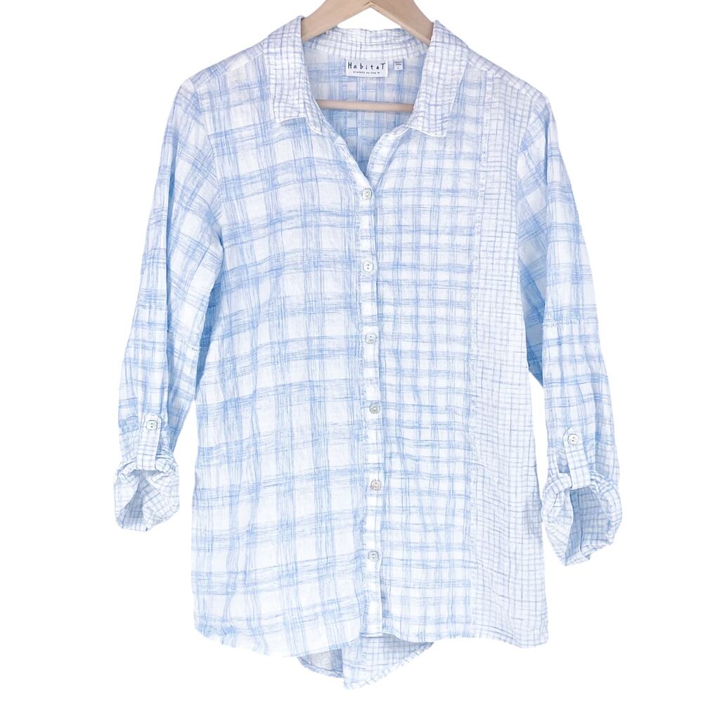 HABITAT Lightweight Button-Up Shirt in Pale Blue & White Windowpane Plaid Size L